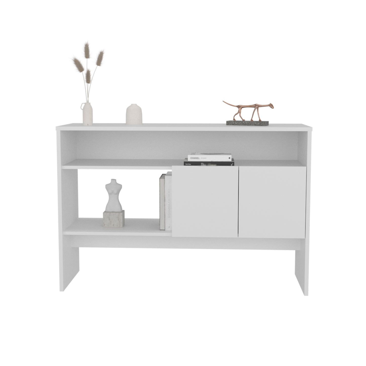 Modern white console table with open shelving and two cabinet doors
