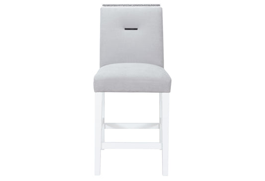 Light grey upholstered bar stool with crystal accent on backrest and white wooden legs