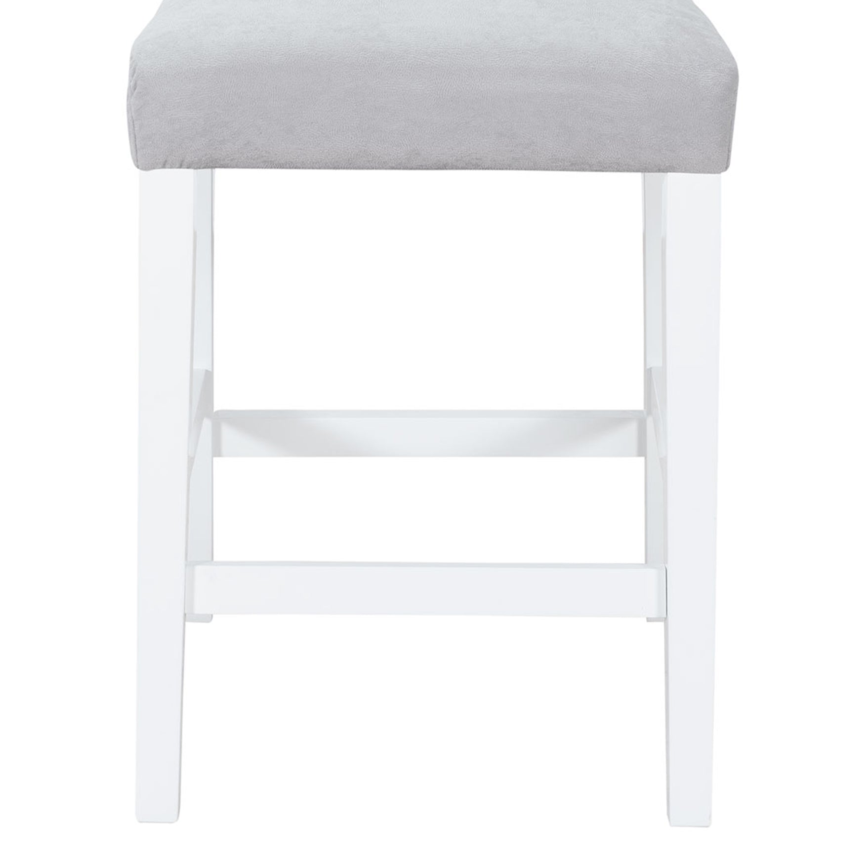 Padded gray fabric counter stool with white wooden legs