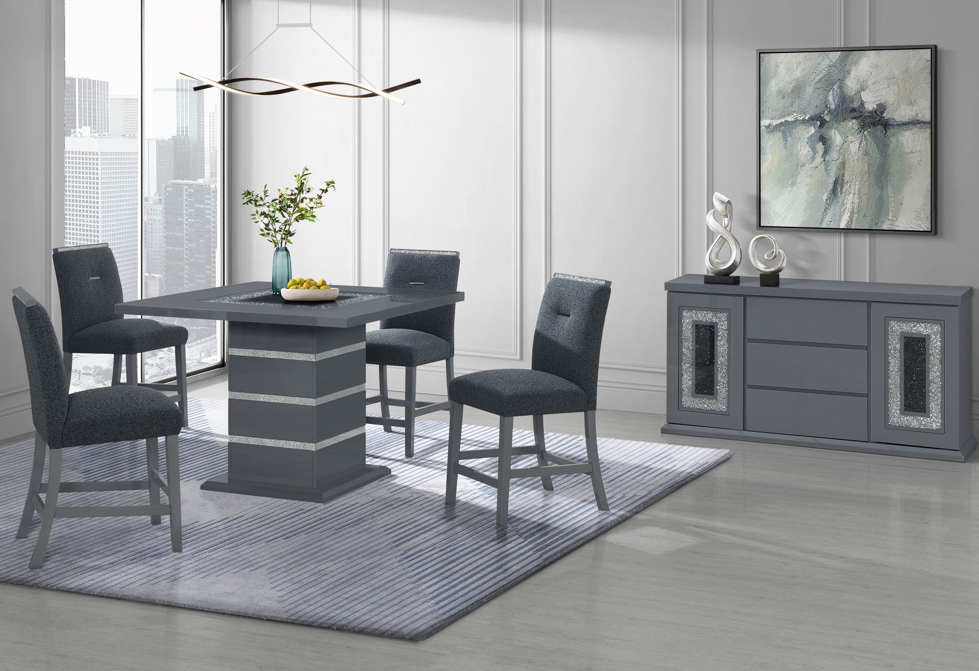 Grey upholstered bar stool with crystalembellished back