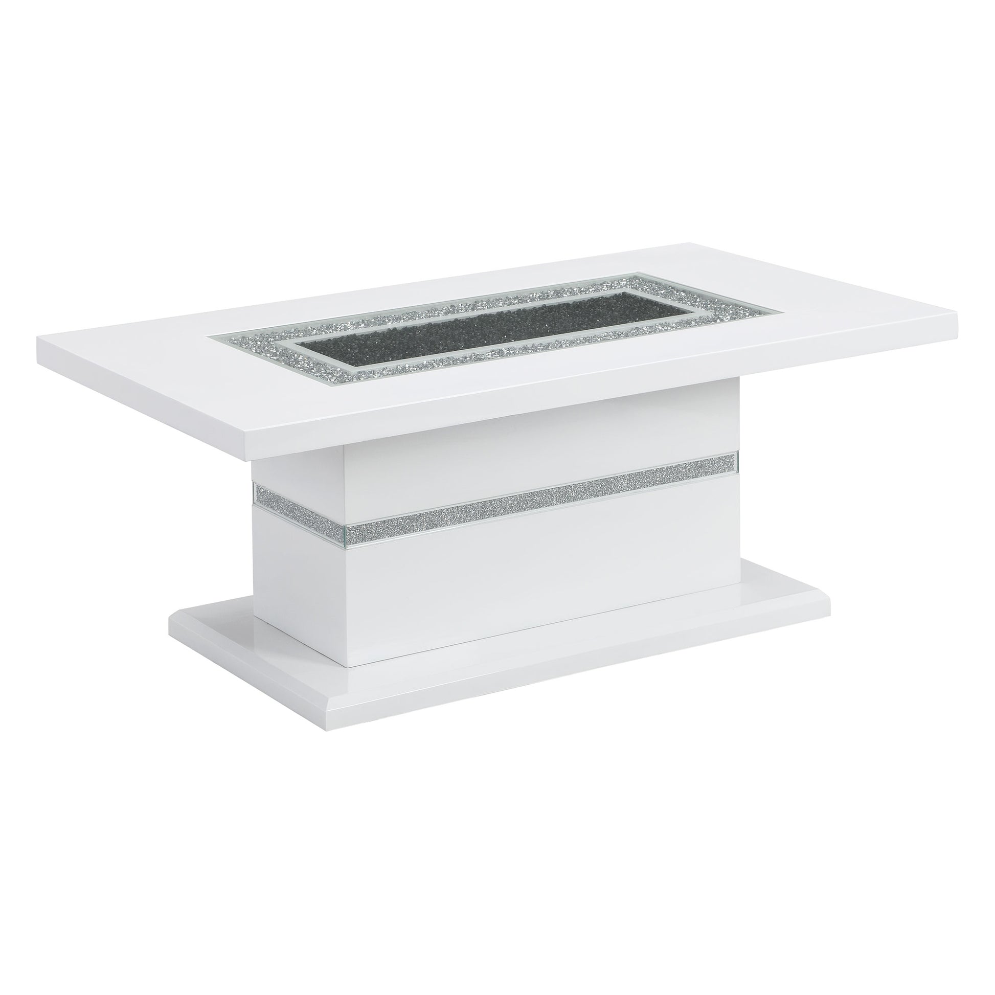 White high gloss coffee table with mirrored glass insert and chrome trim