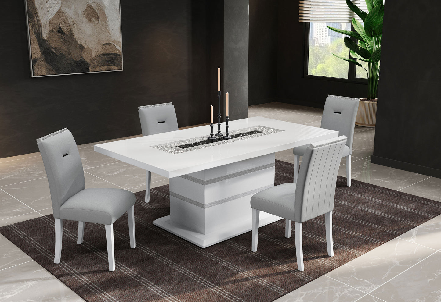 White high gloss dining table with crystal inlay and modern grey chairs