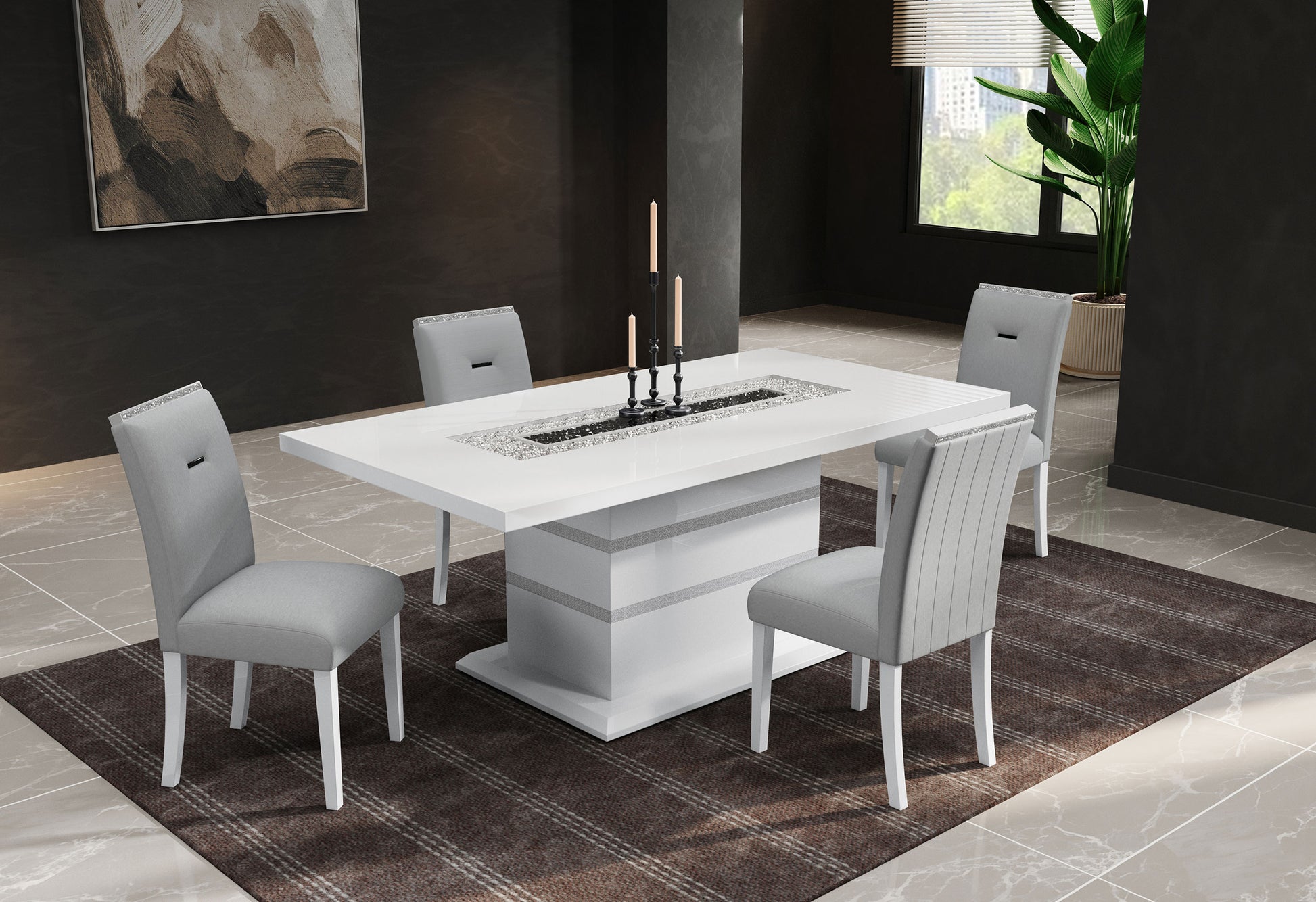 White high gloss dining table with crystal inlay and modern grey chairs