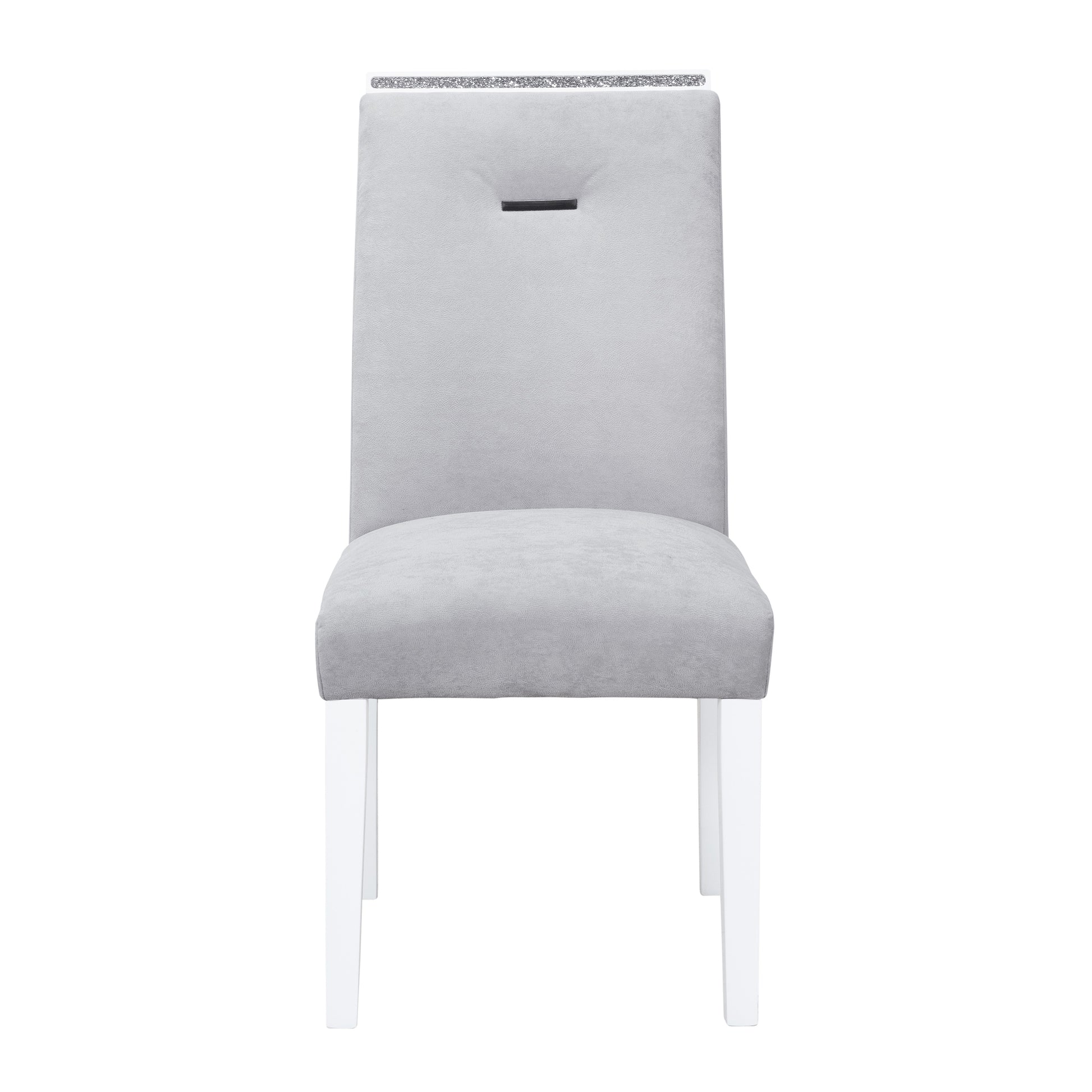 Elegant grey velvet dining chair with white legs and subtle sparkle detail