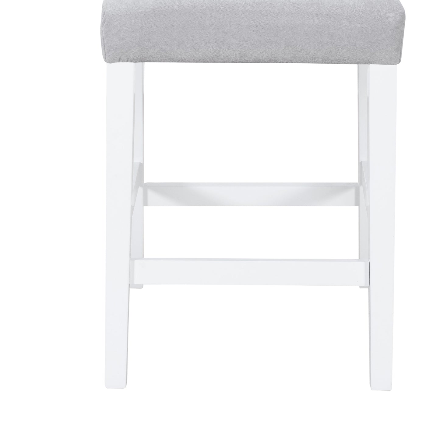 Padded gray fabric bar stool with white wooden legs