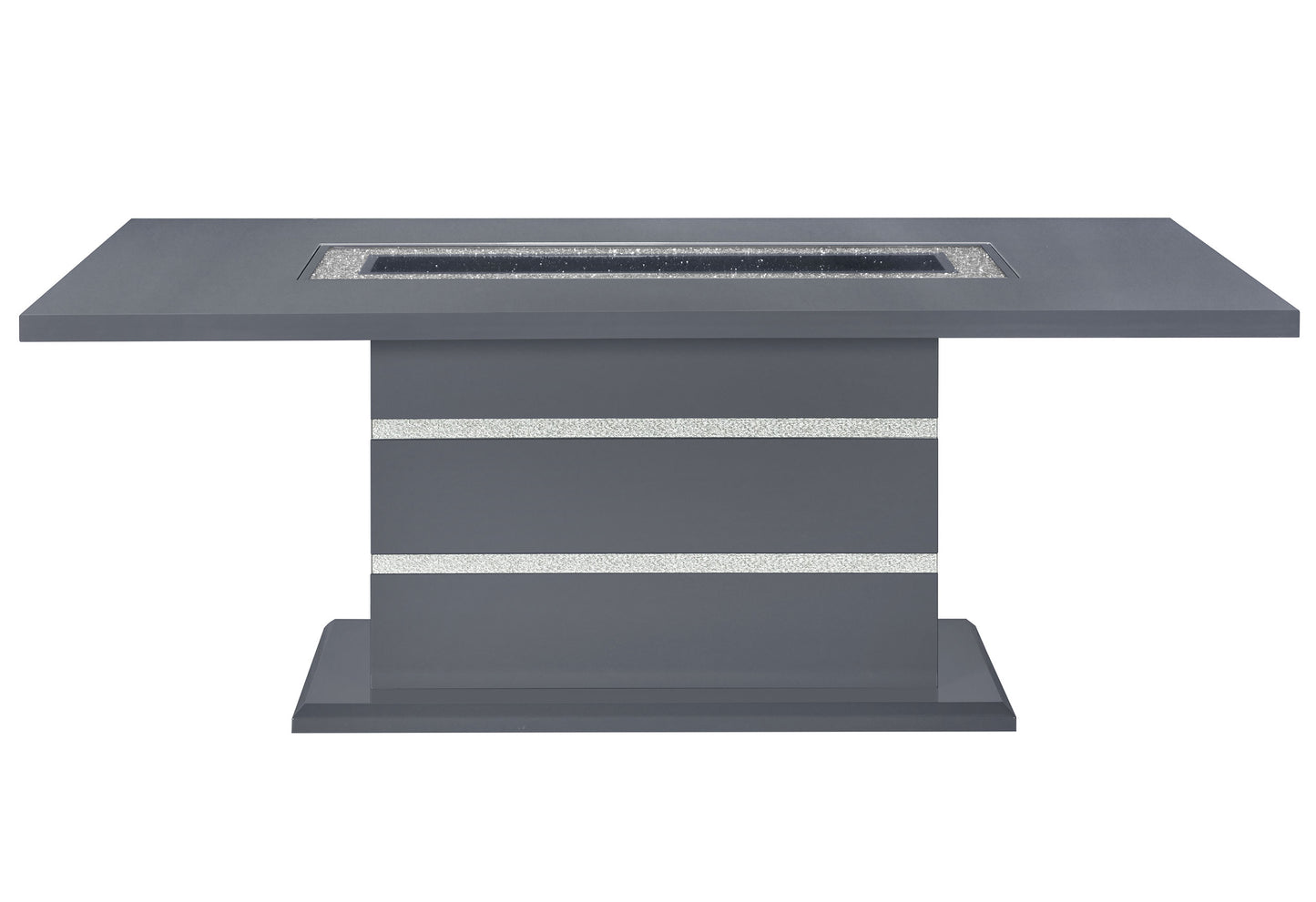 Gray modern dining table with integrated fire pit and silver accents