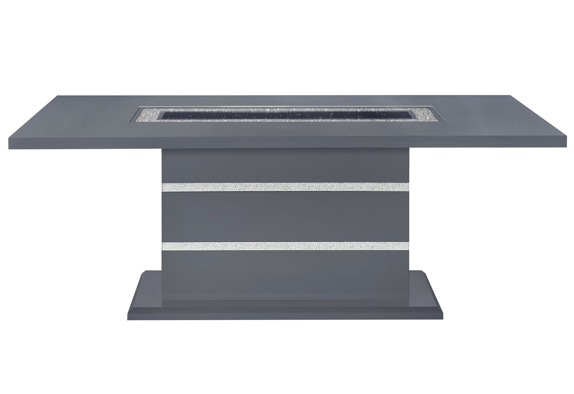 Gray modern dining table with integrated fire pit and silver accents