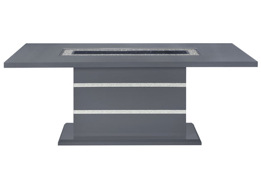 Gray modern dining table with integrated fire pit and silver accents