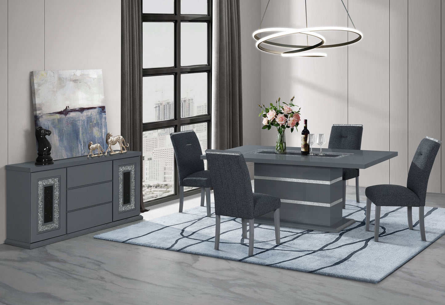Grey gloss dining table with silver trim and matching chairs