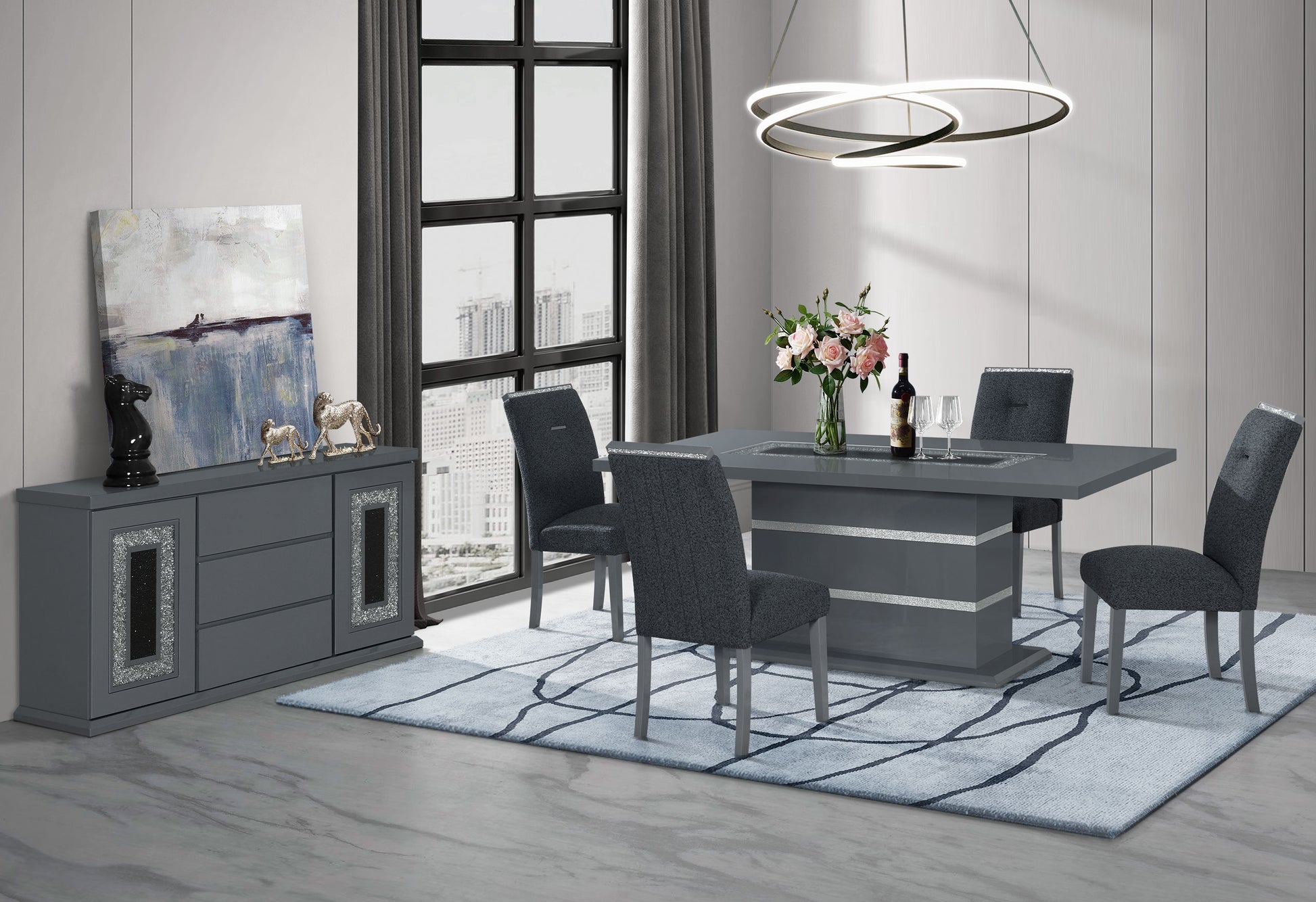 Grey gloss dining table with silver trim and matching chairs