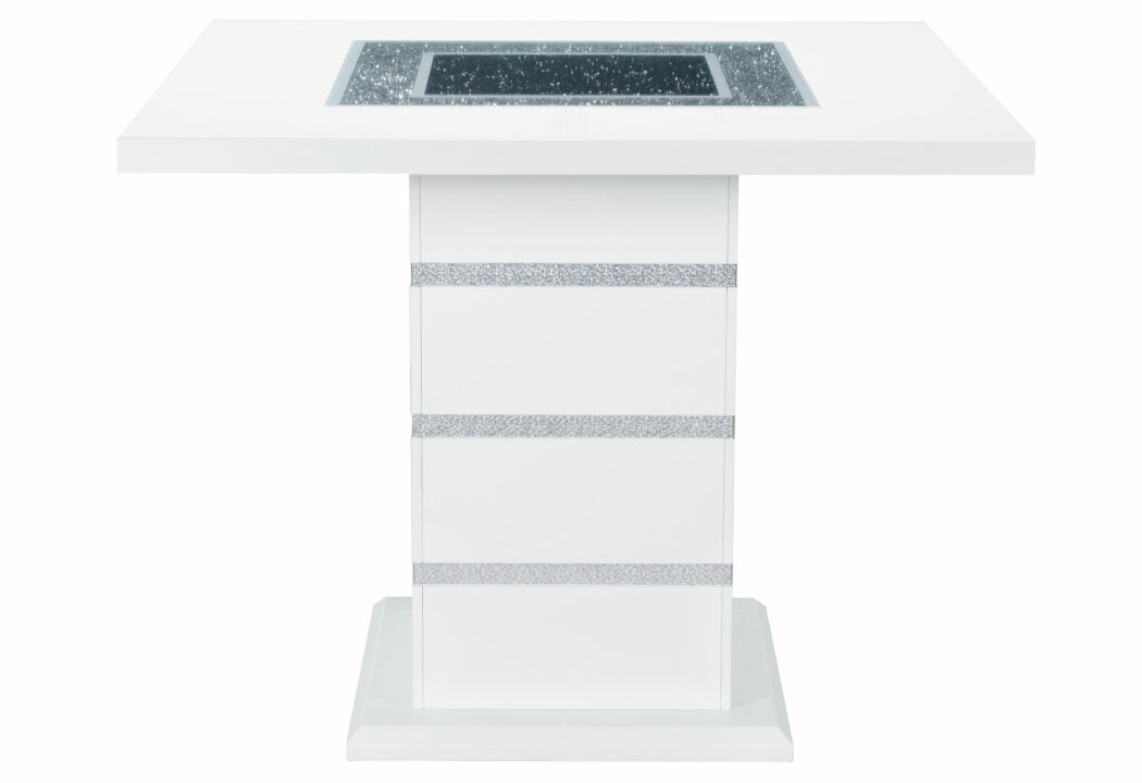 Modern white dining table with a mirrored and crystalinlaid top
