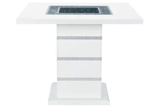 Modern white dining table with a mirrored and crystalinlaid top