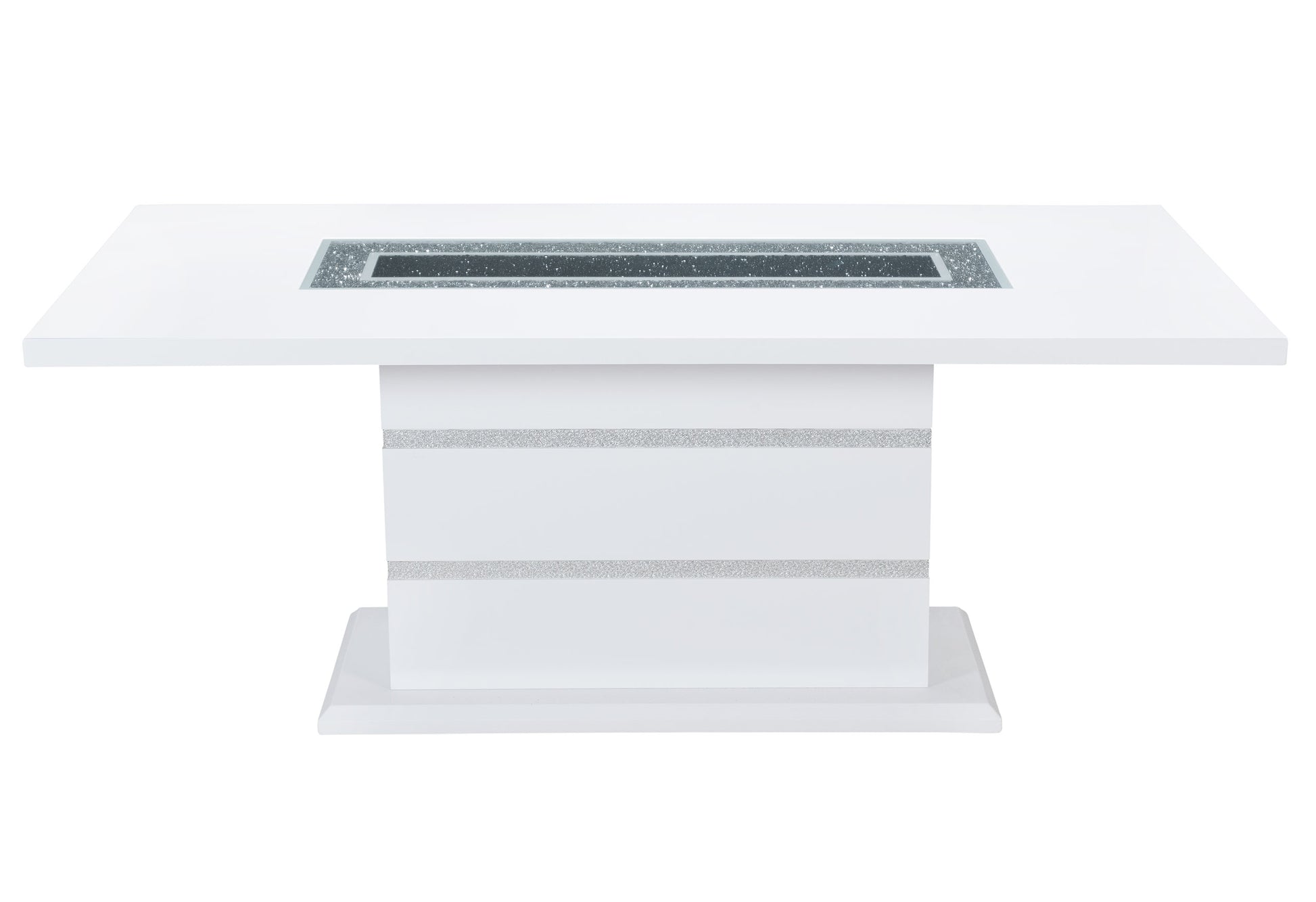 White rectangular dining table with crushed diamond inlay and silver sparkle accents