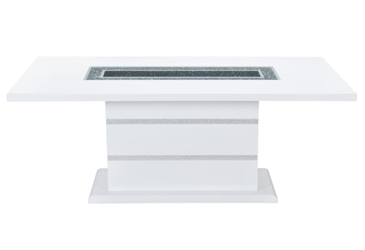 White rectangular dining table with crushed diamond inlay and silver sparkle accents