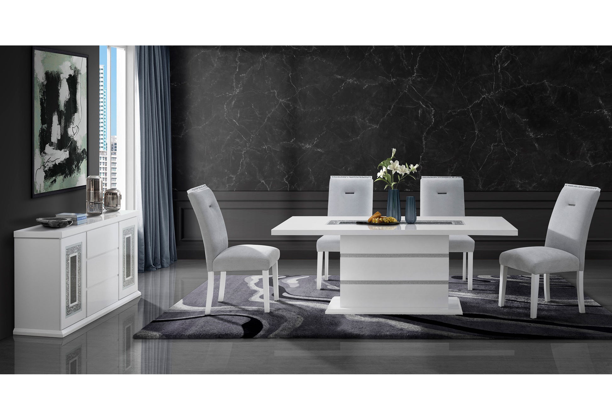 White high gloss dining table with silver accent bands