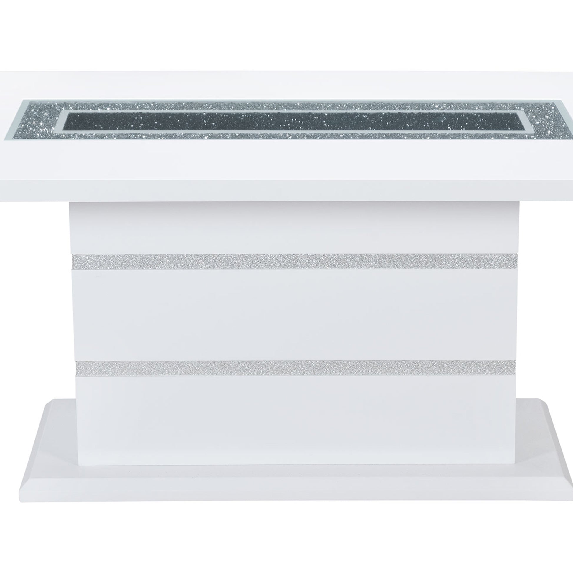 White console table with mirrored geometric inlay on top