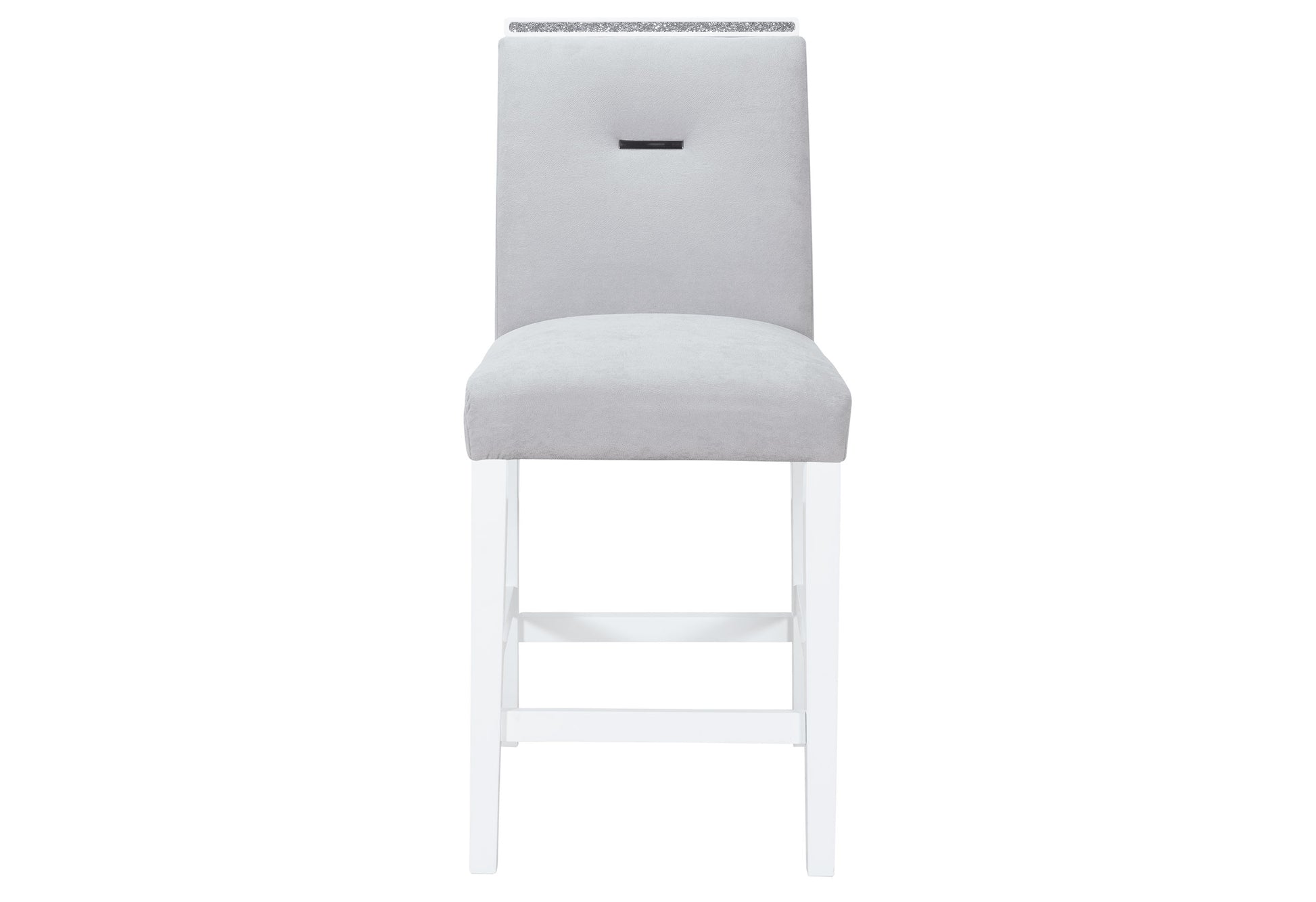 Grey upholstered bar stool with crystalaccented backrest and white wooden legs