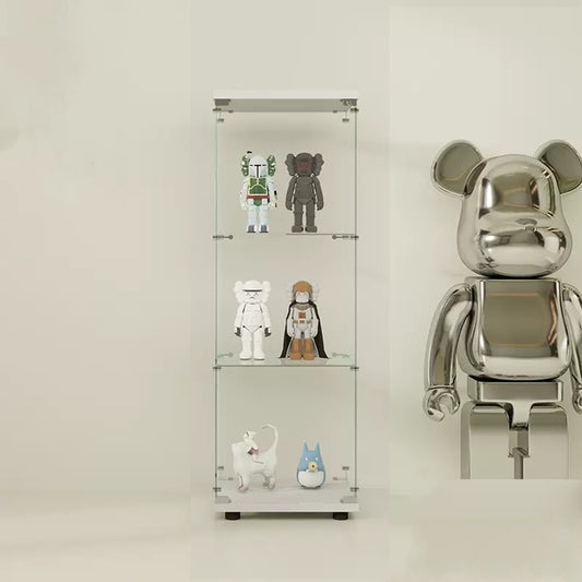 White glass display cabinet with Kaws figures and Star Wars characters
