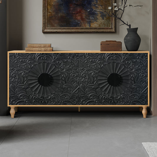 Black carved sideboard with ornate floral details and wooden legs