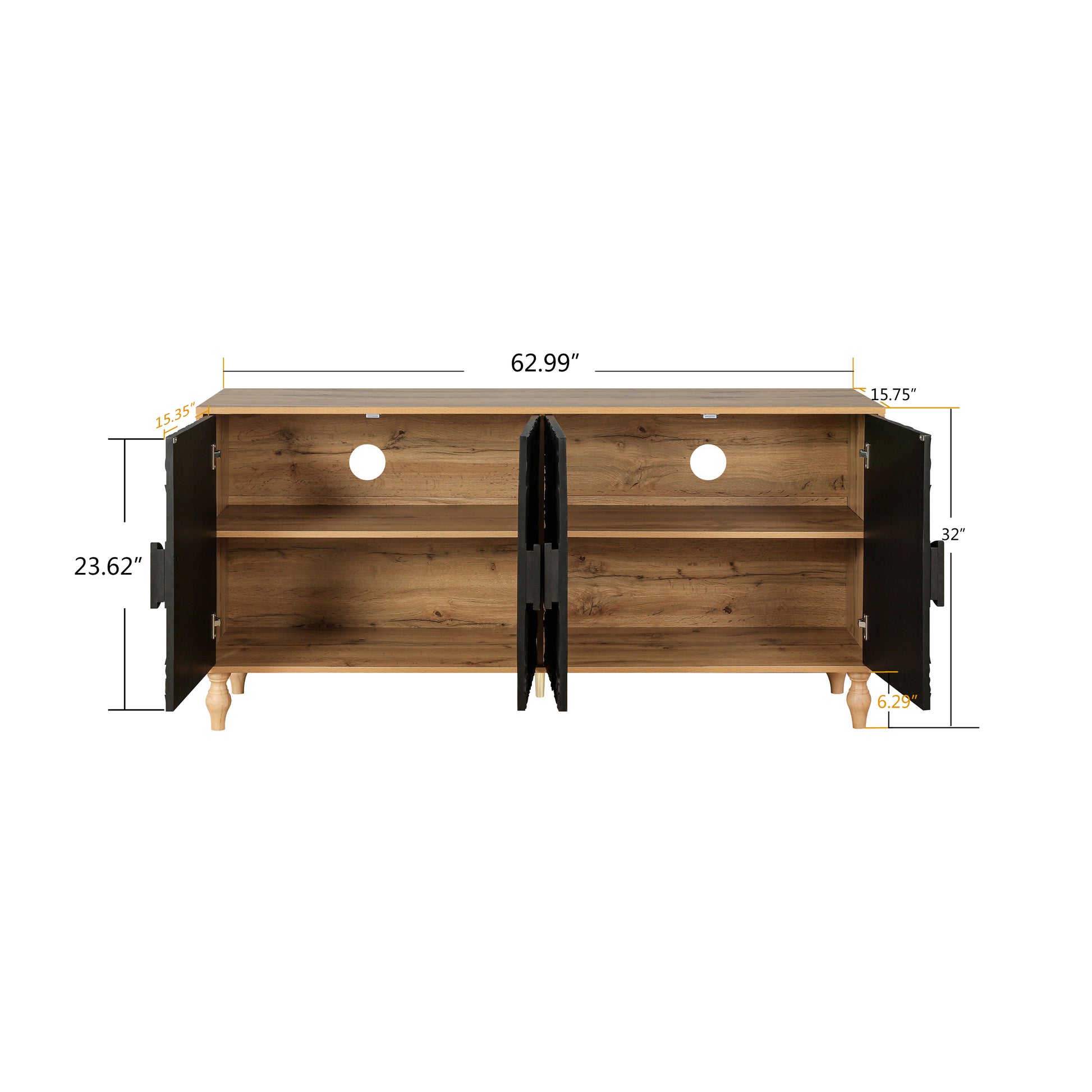 Open rustic oak media console with black doors and tapered legs