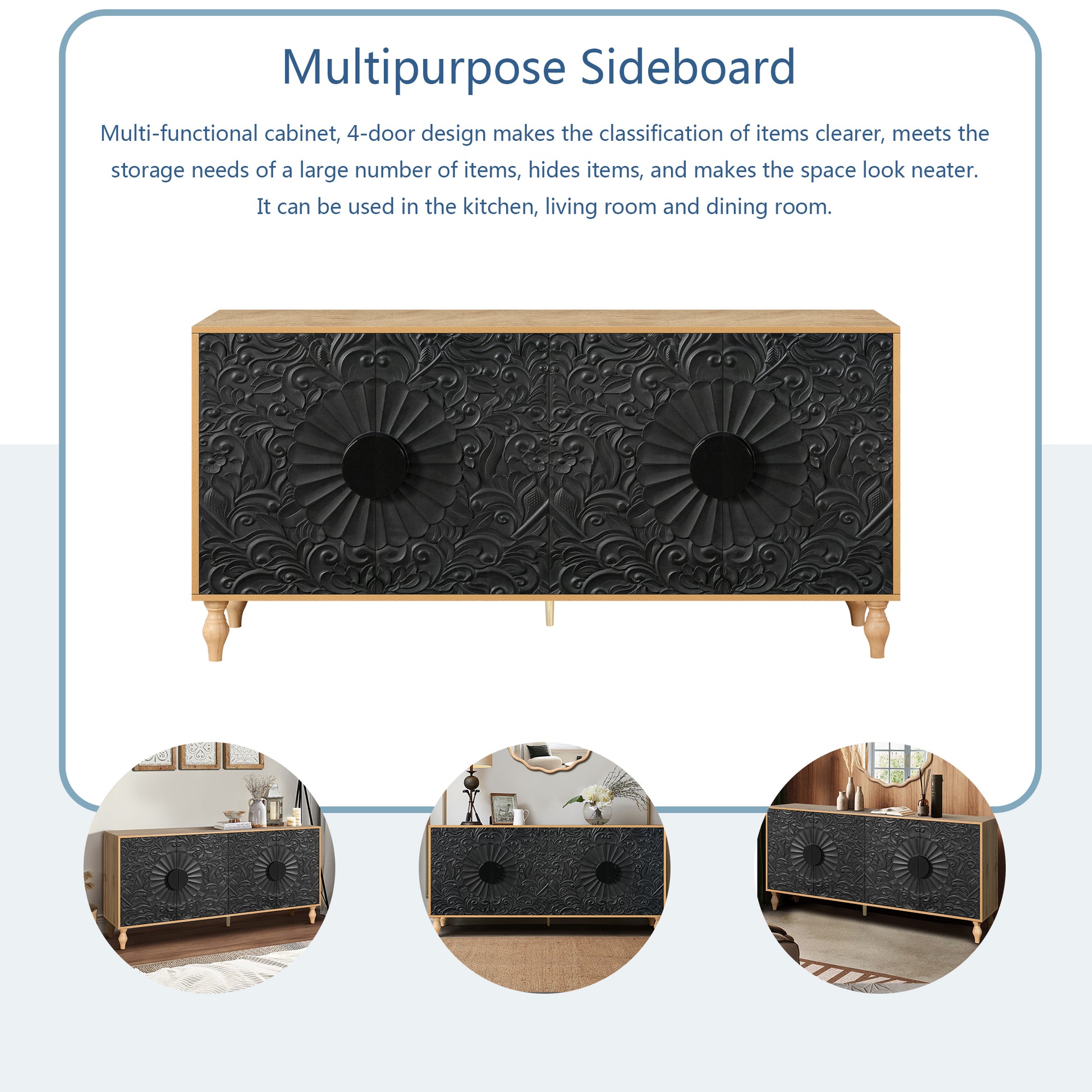 Black embossed door sideboard with wooden top and tapered legs