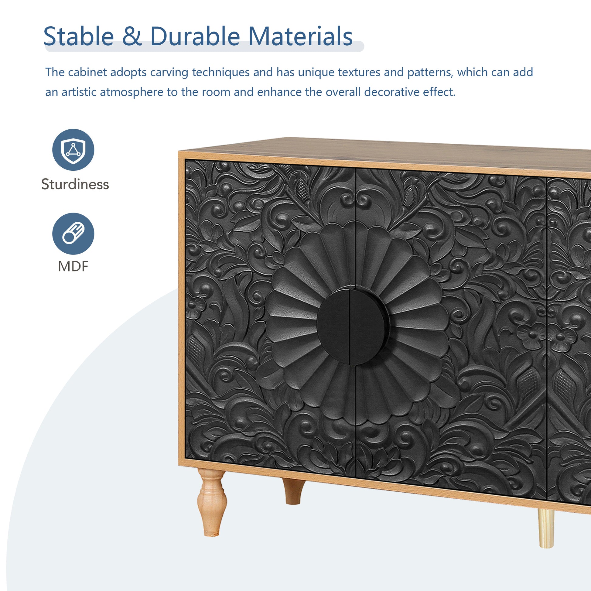 Black carved MDF cabinet with floral pattern and wooden legs