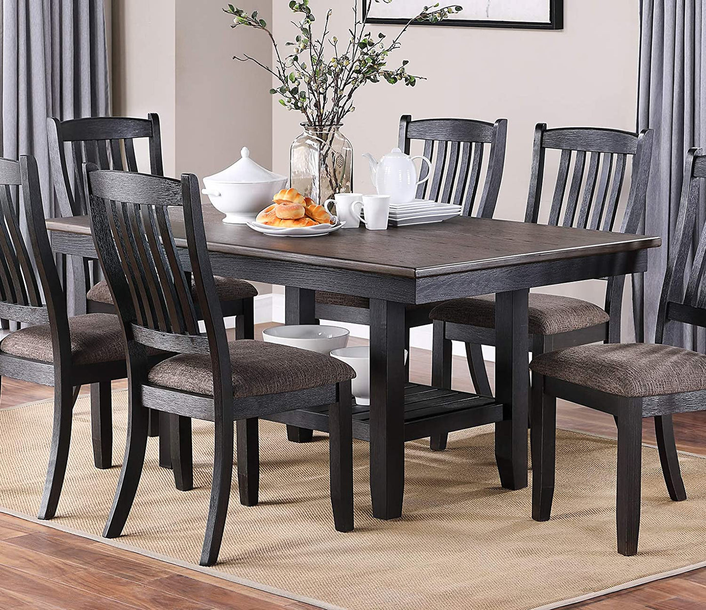 Dark oak dining table set with six chairs