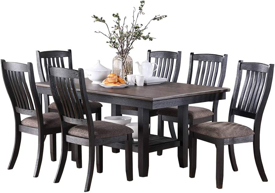 Dark wood dining set with six chairs and a rectangular table