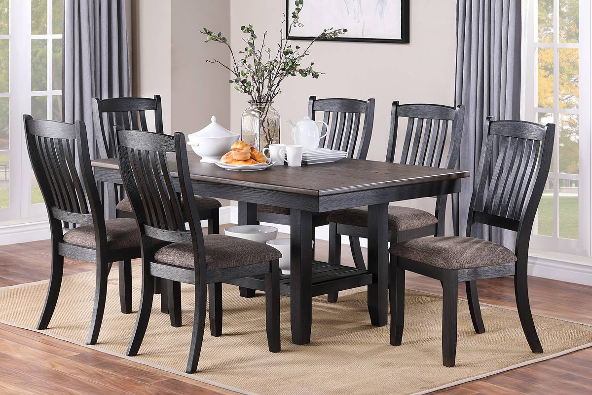 Dark wood dining table with six upholstered chairs