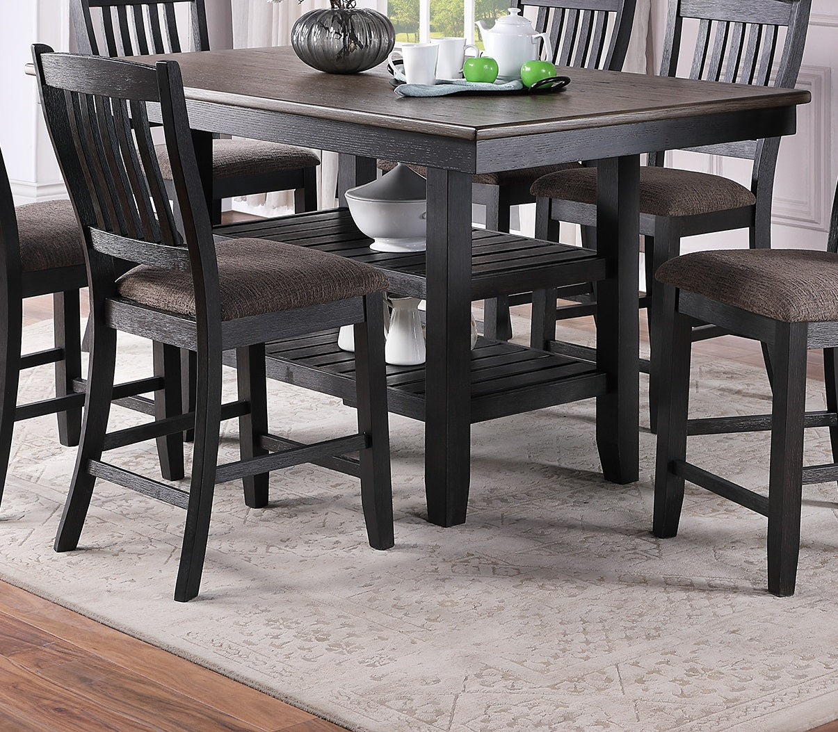 Dark wood counter height table with upholstered bar stools and slatted shelves