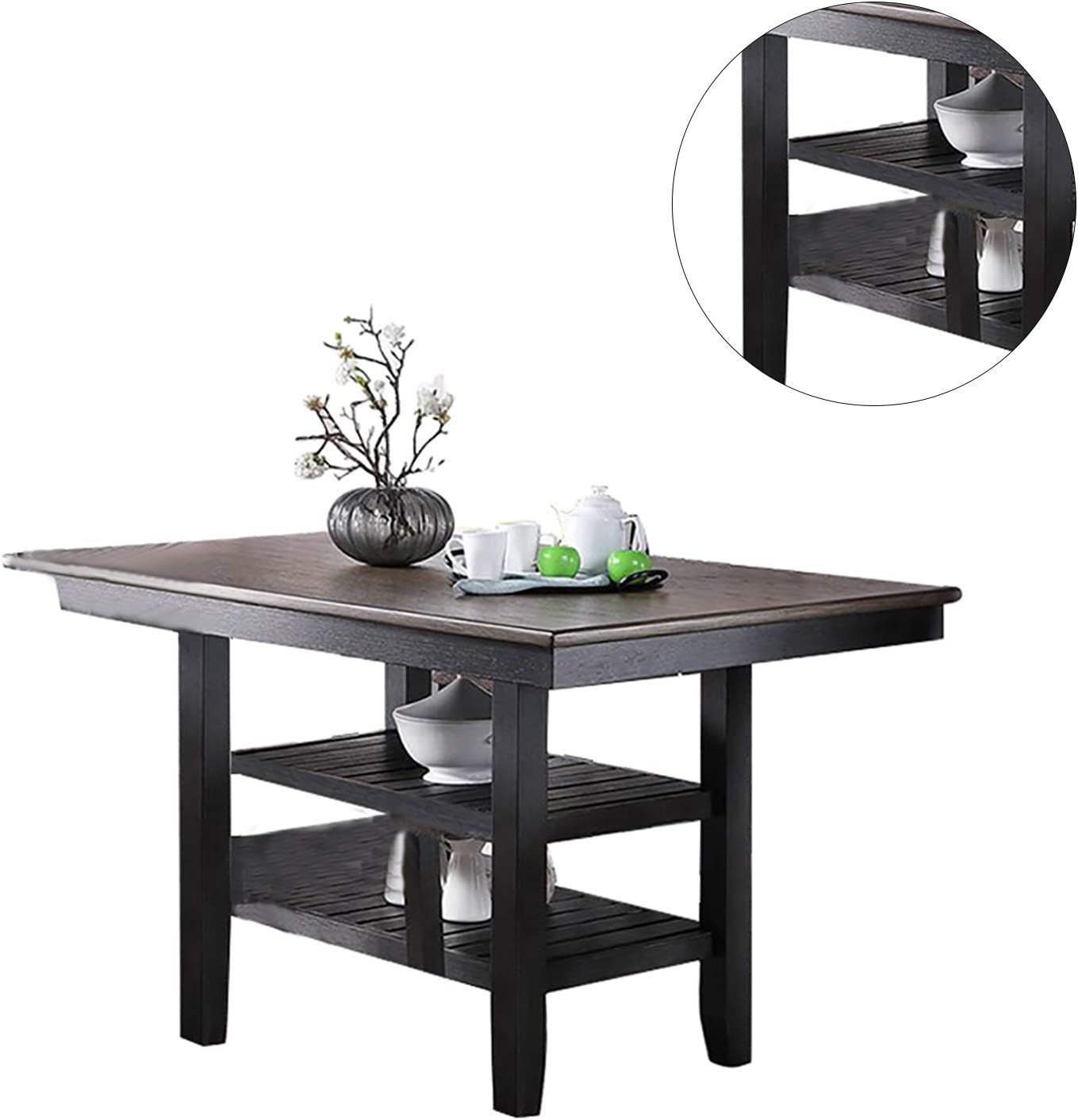 Dark wood kitchen island with open shelving