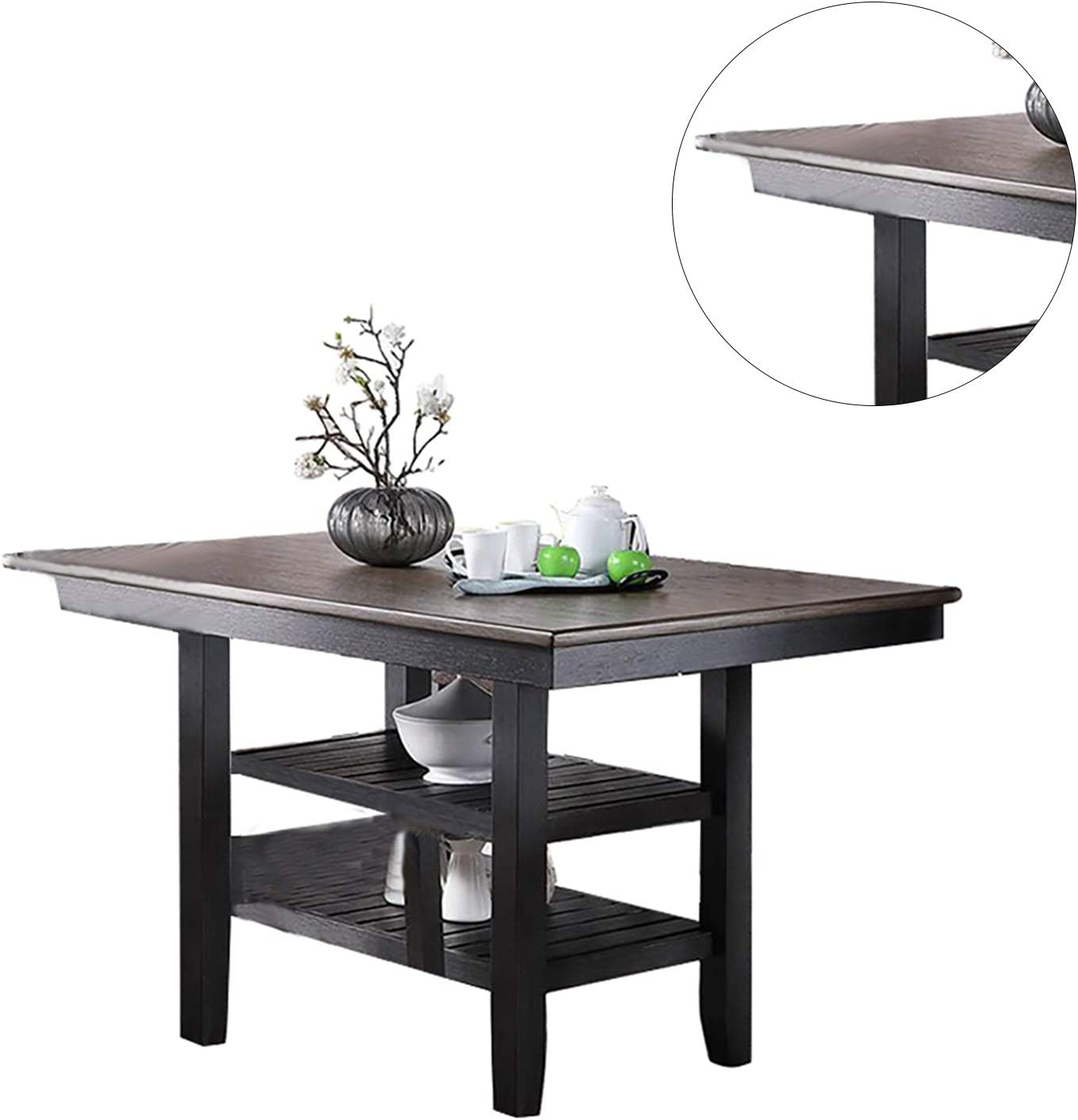 Dark wood kitchen island table with two slatted shelves