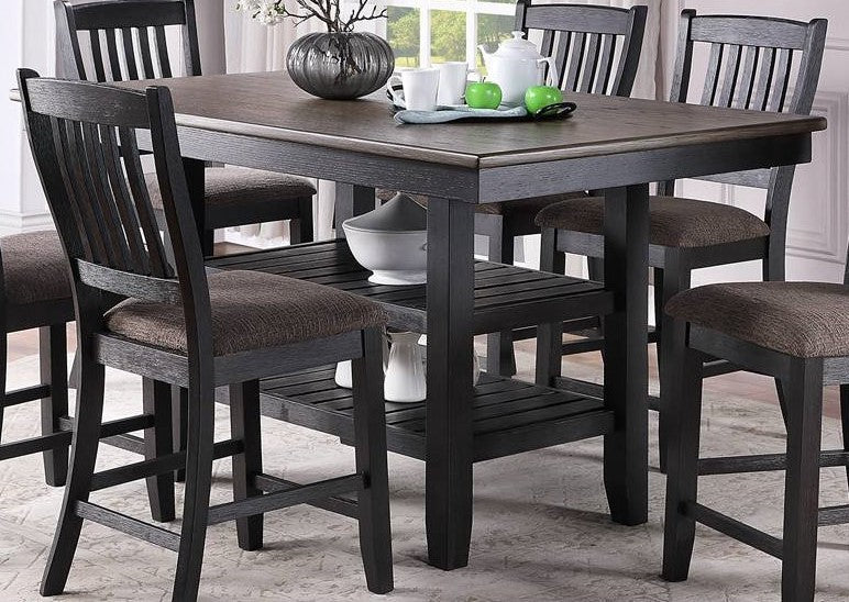 Modern black and gray counter height dining table with slatted shelves