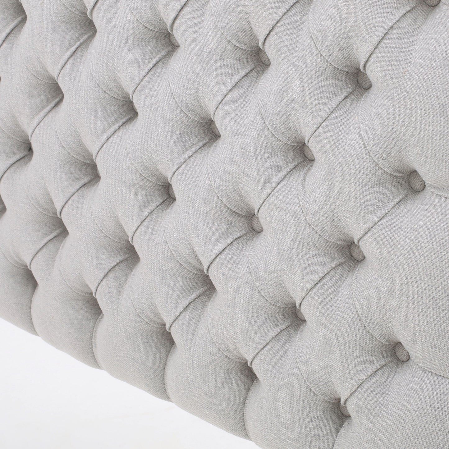 Light grey linen tufted sofa detail