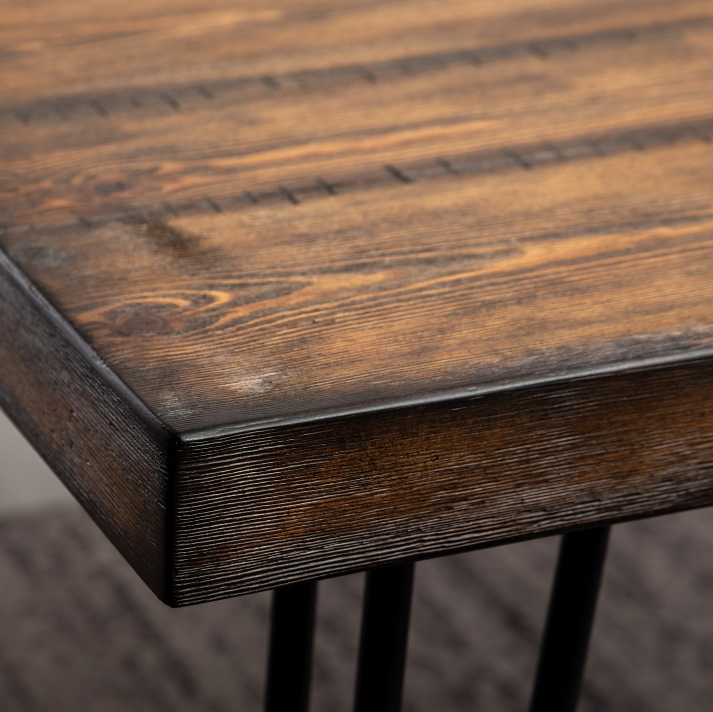 Rustic pine dining table top with dark stain