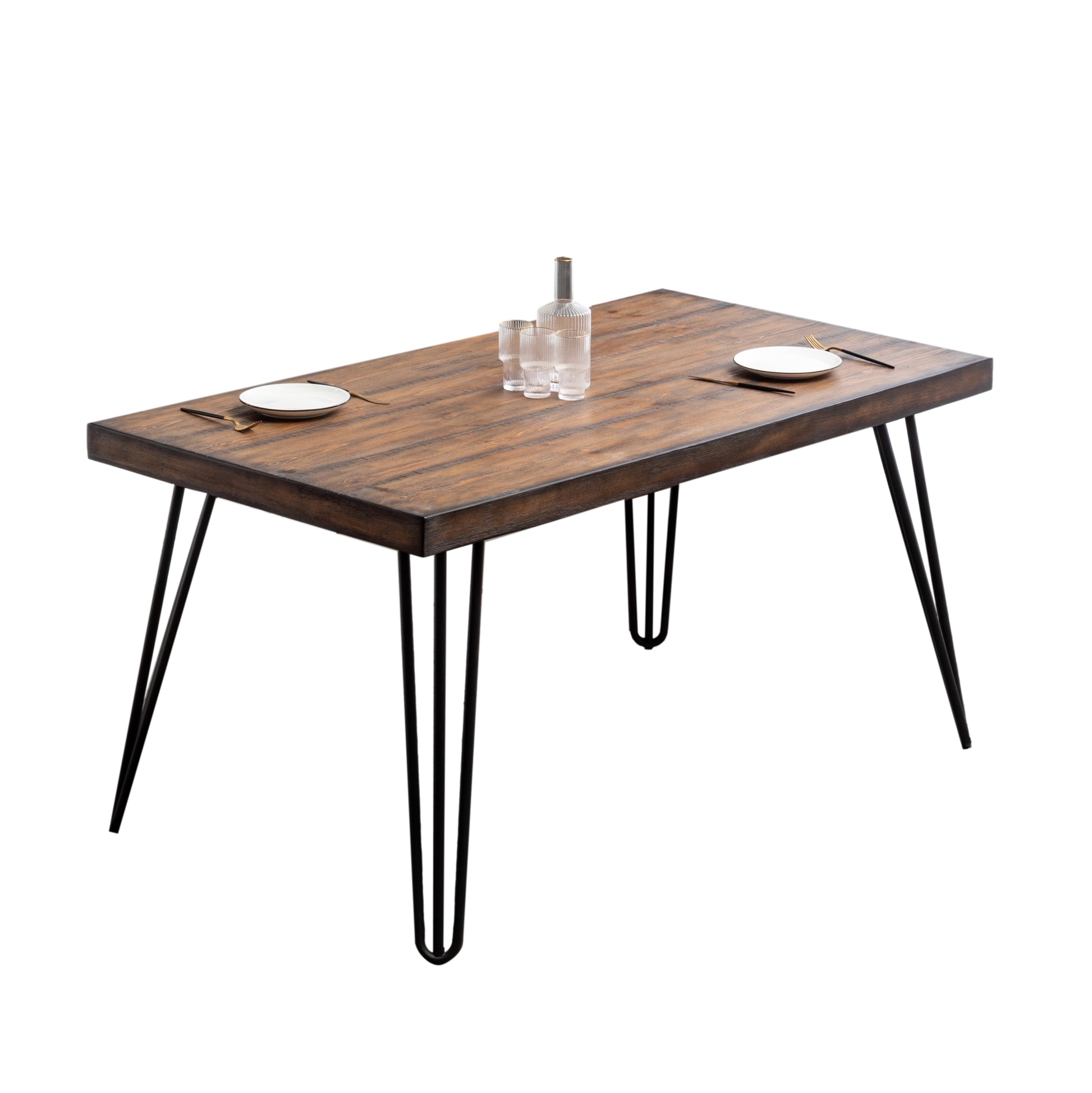 Rectangular wooden dining table with black hairpin legs