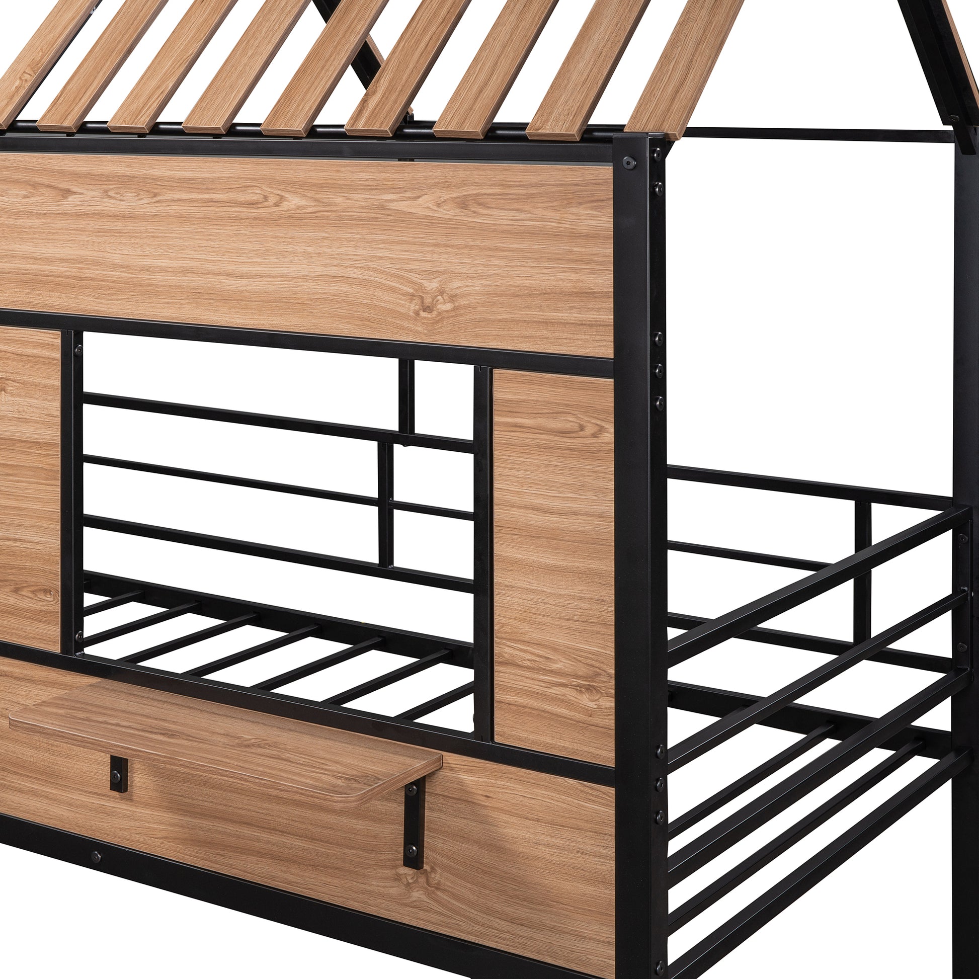 Wooden twin house bed frame with black metal accents