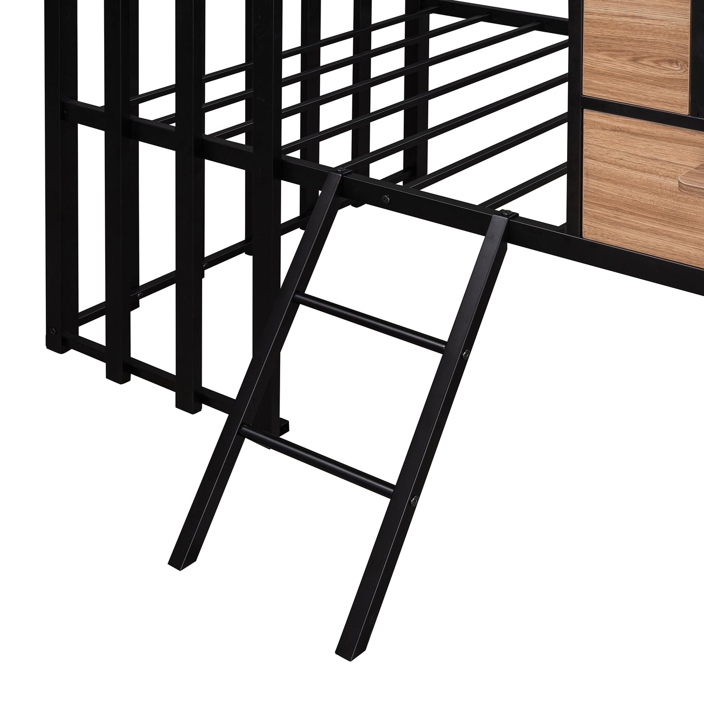 Black metal loft bed frame with attached ladder and wood accents