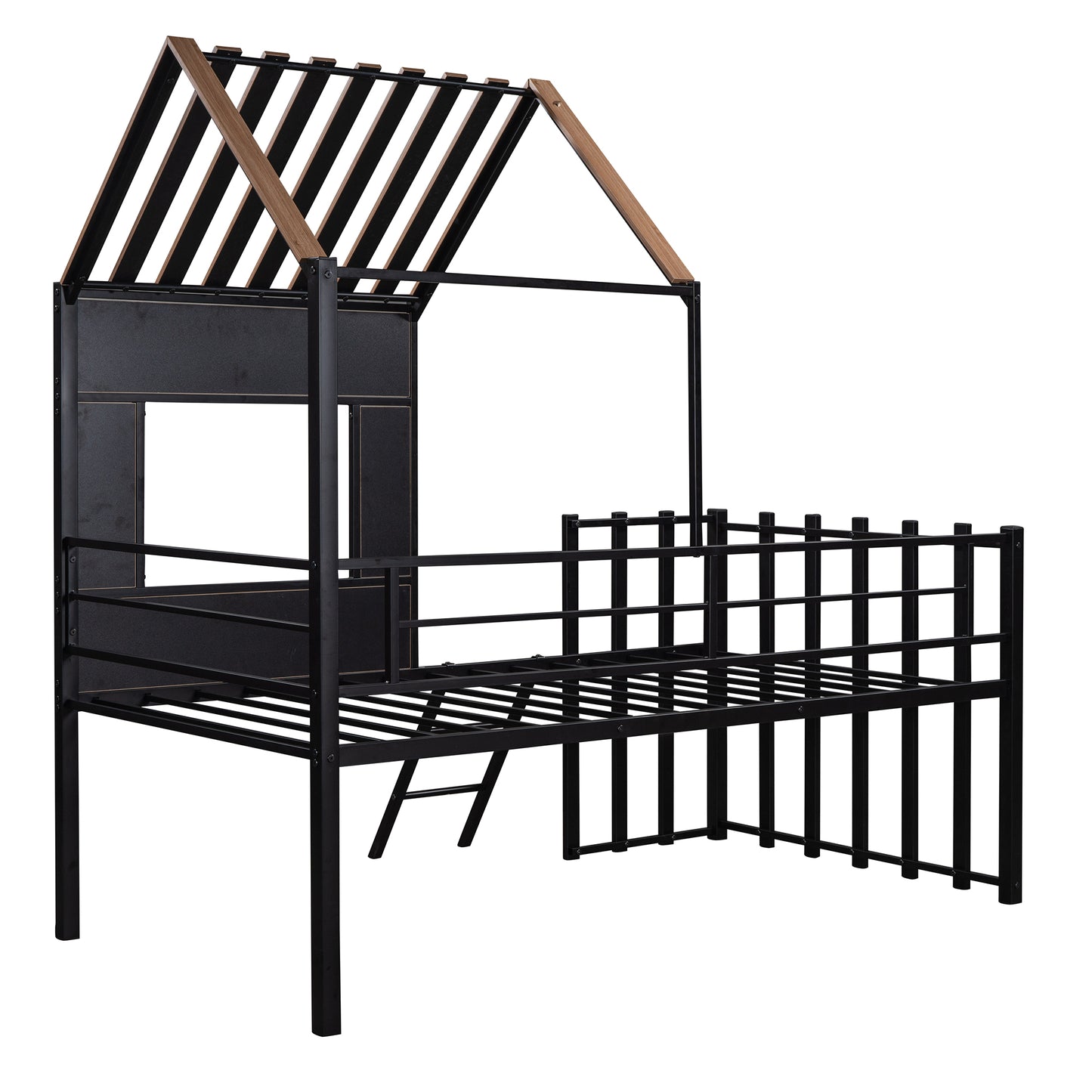 Black metal house bed frame with wood accents