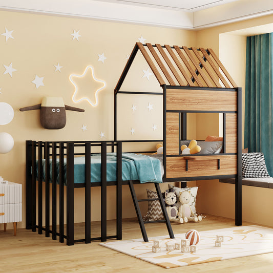 Wooden house loft bed with black metal frame and guardrails