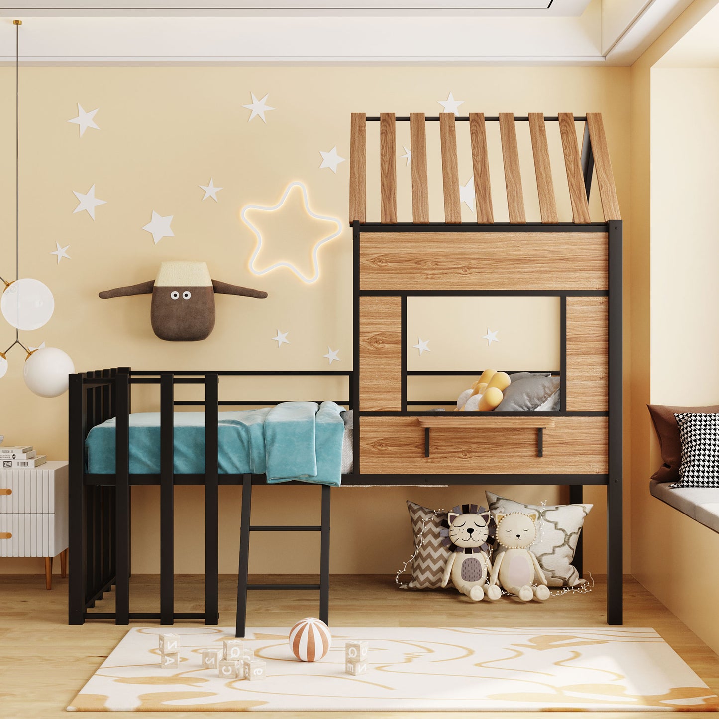 Black metal and wood loft bed with blue bedding for kids