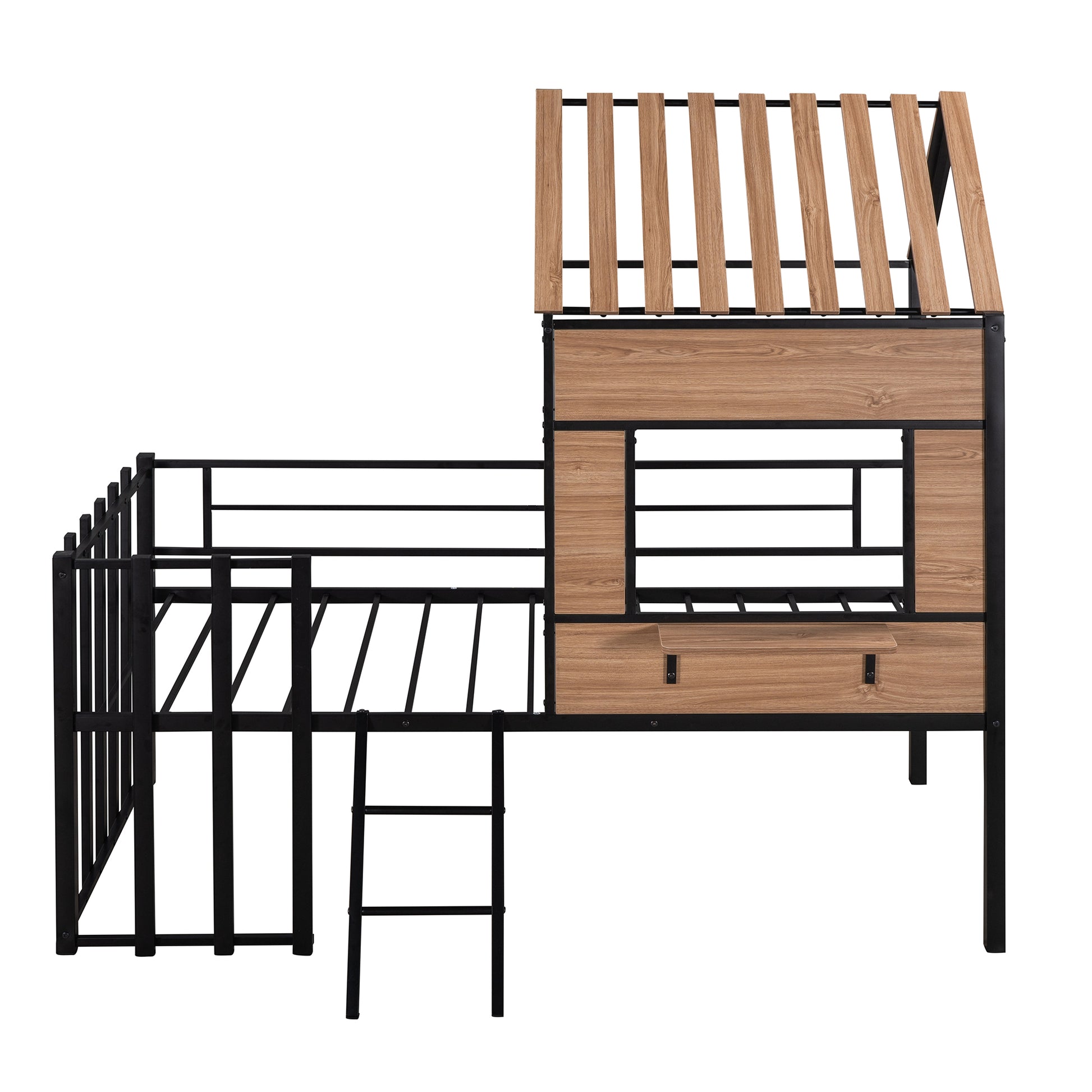Black metal and wood grain bunk bed with ladder and roof detail