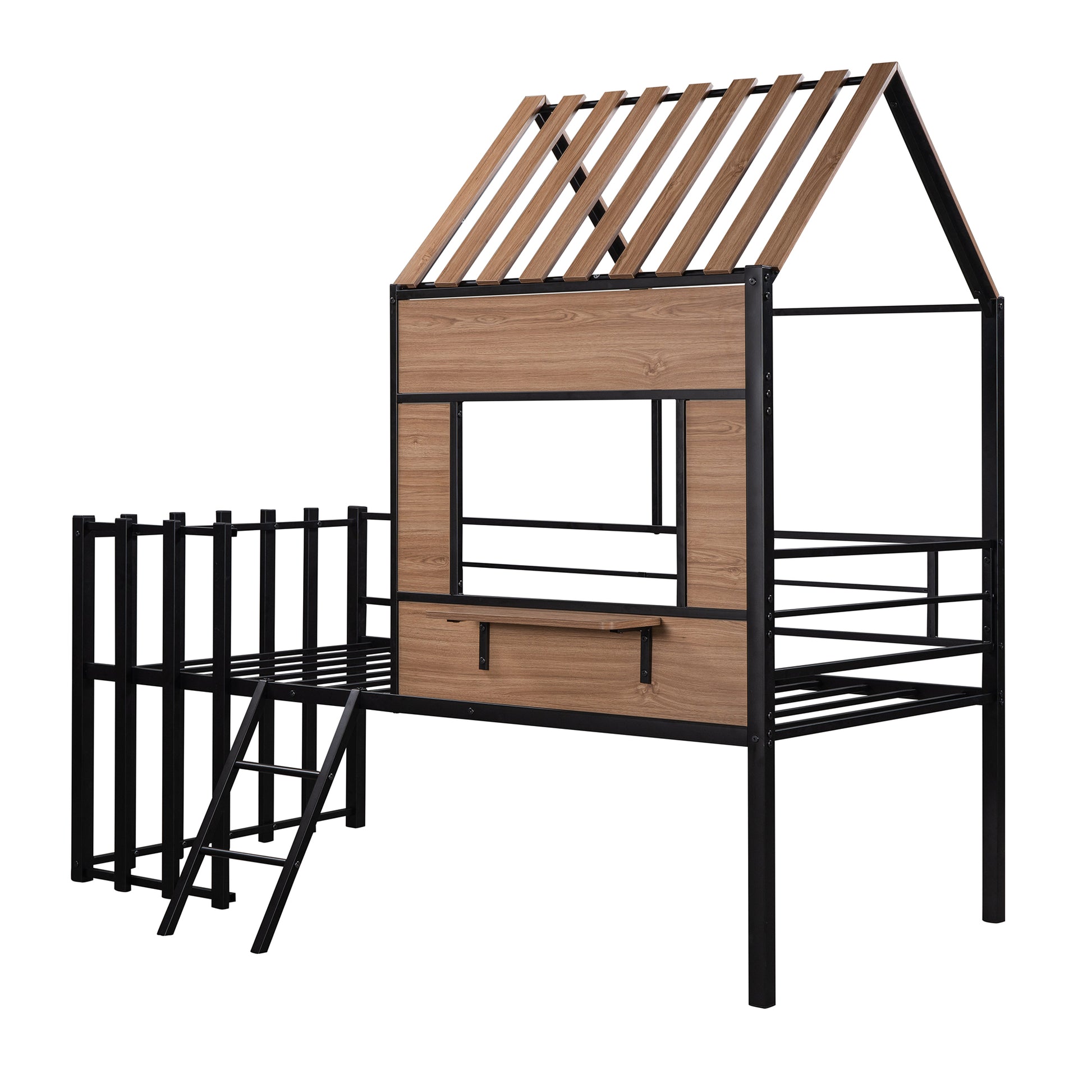 Black metal and wood loft bed with ladder and fence