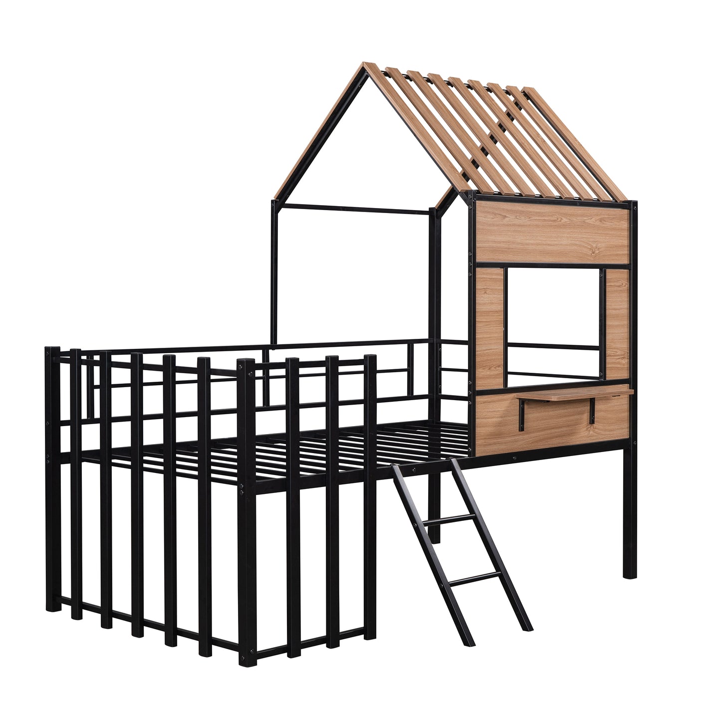 Black metal house frame loft bed with wooden accents