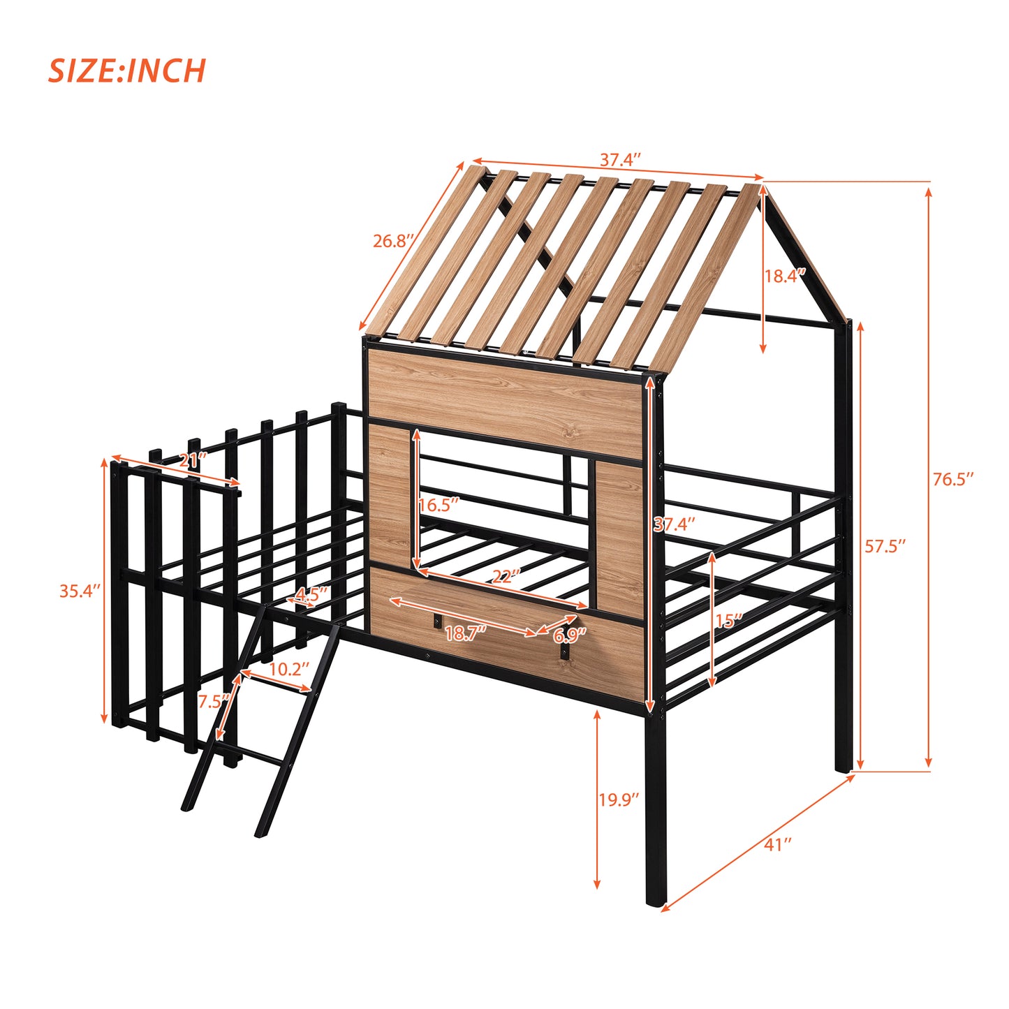 Black metal twin size house bed with wooden accents