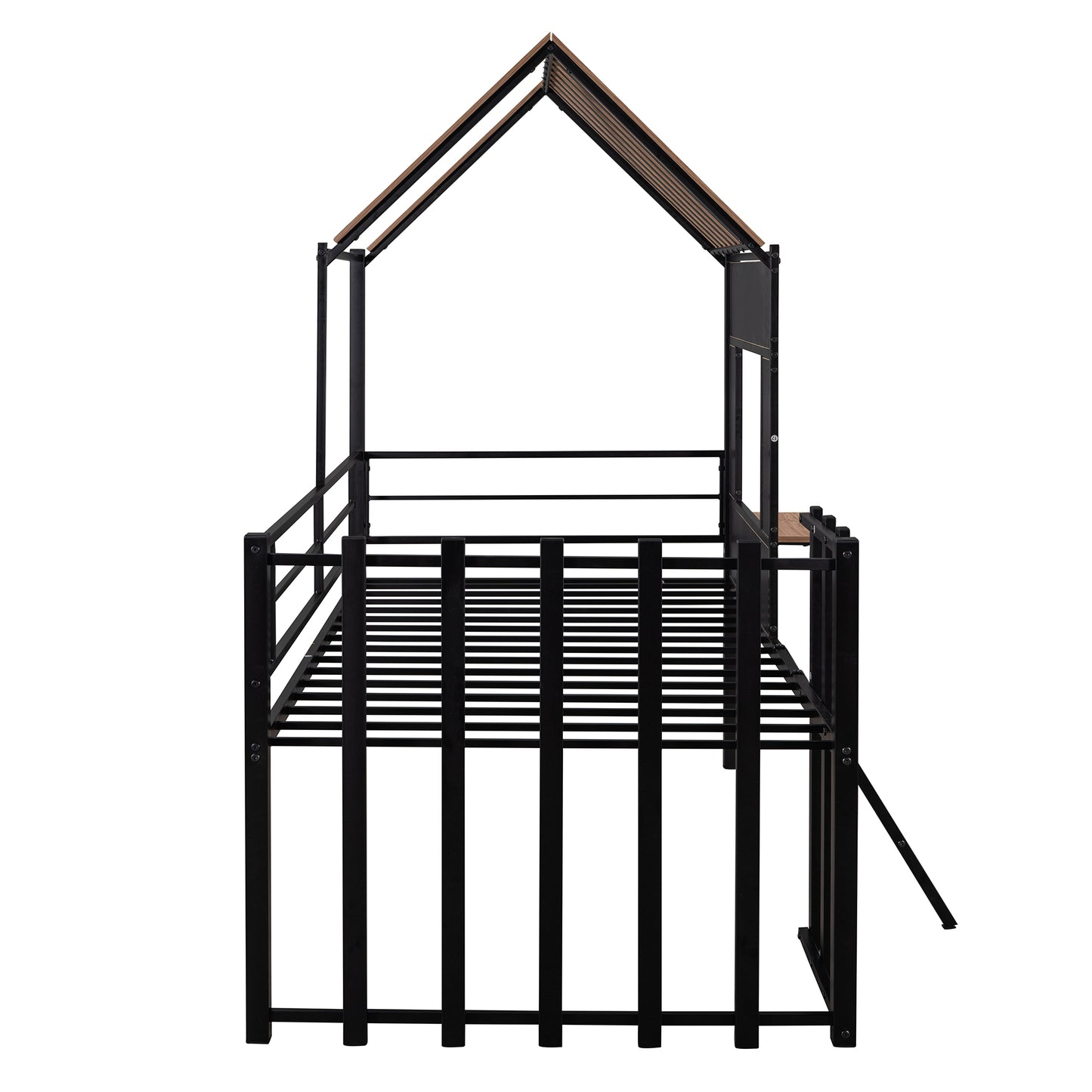 Black metal twin house bed with wood roof trim