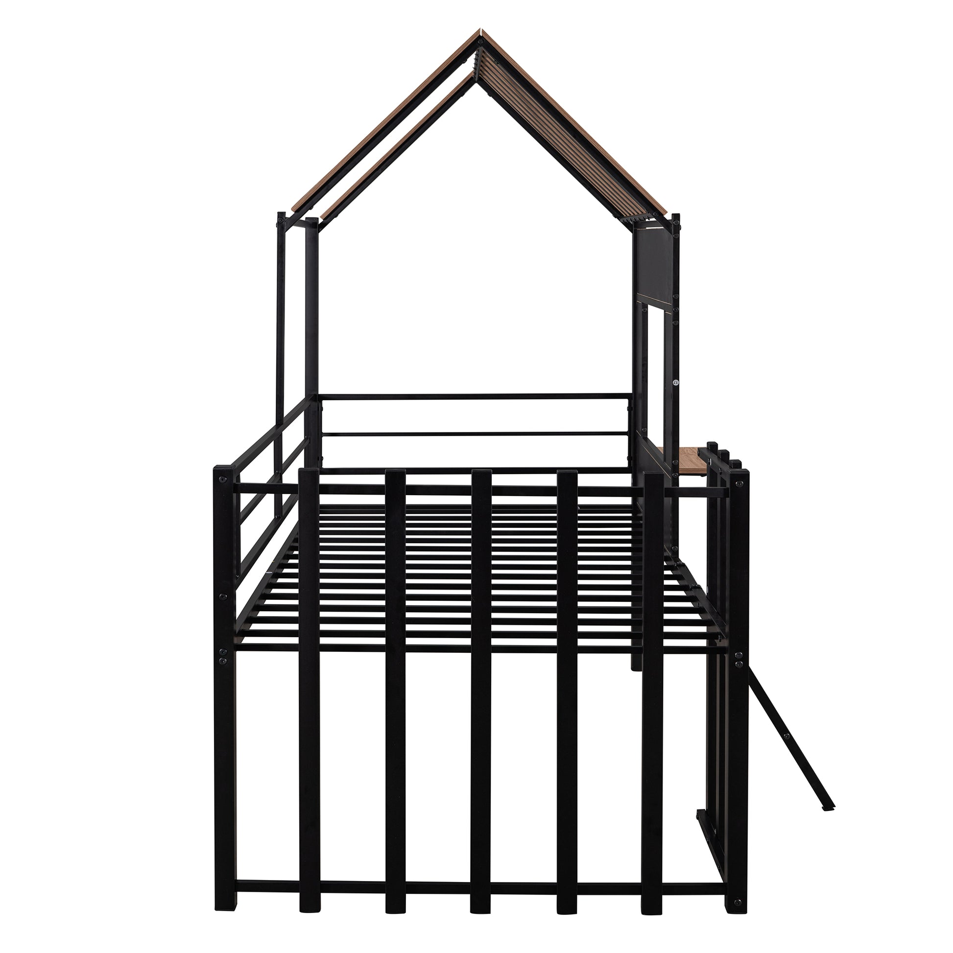 Black metal twin house bed with wood roof trim