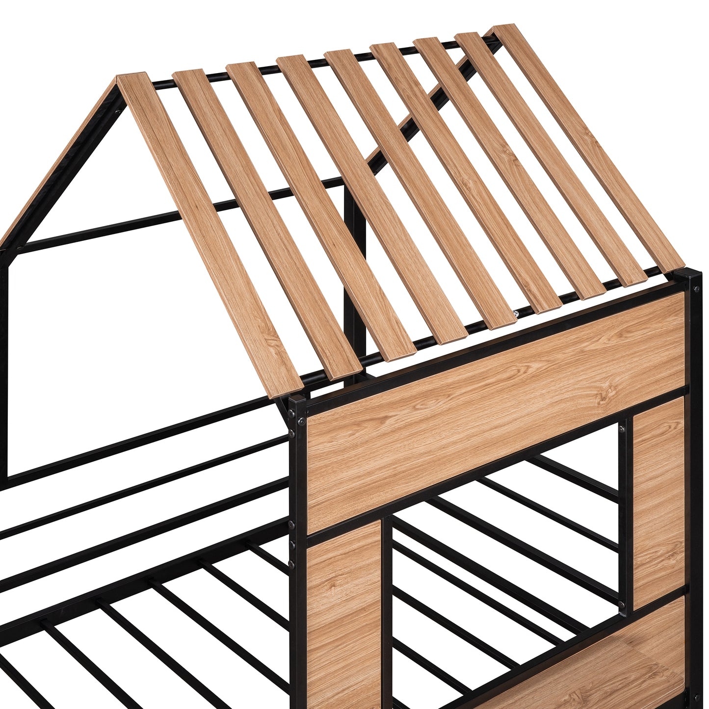 Wooden slat bed frame with black metal supports in a house shape