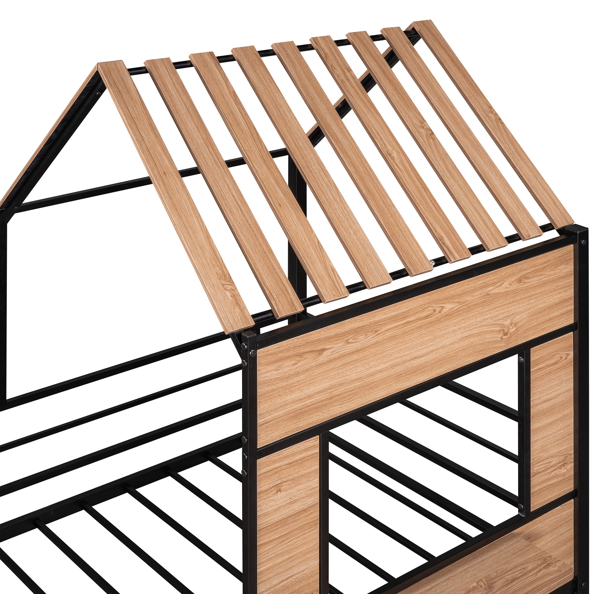Wooden slat bed frame with black metal supports in a house shape