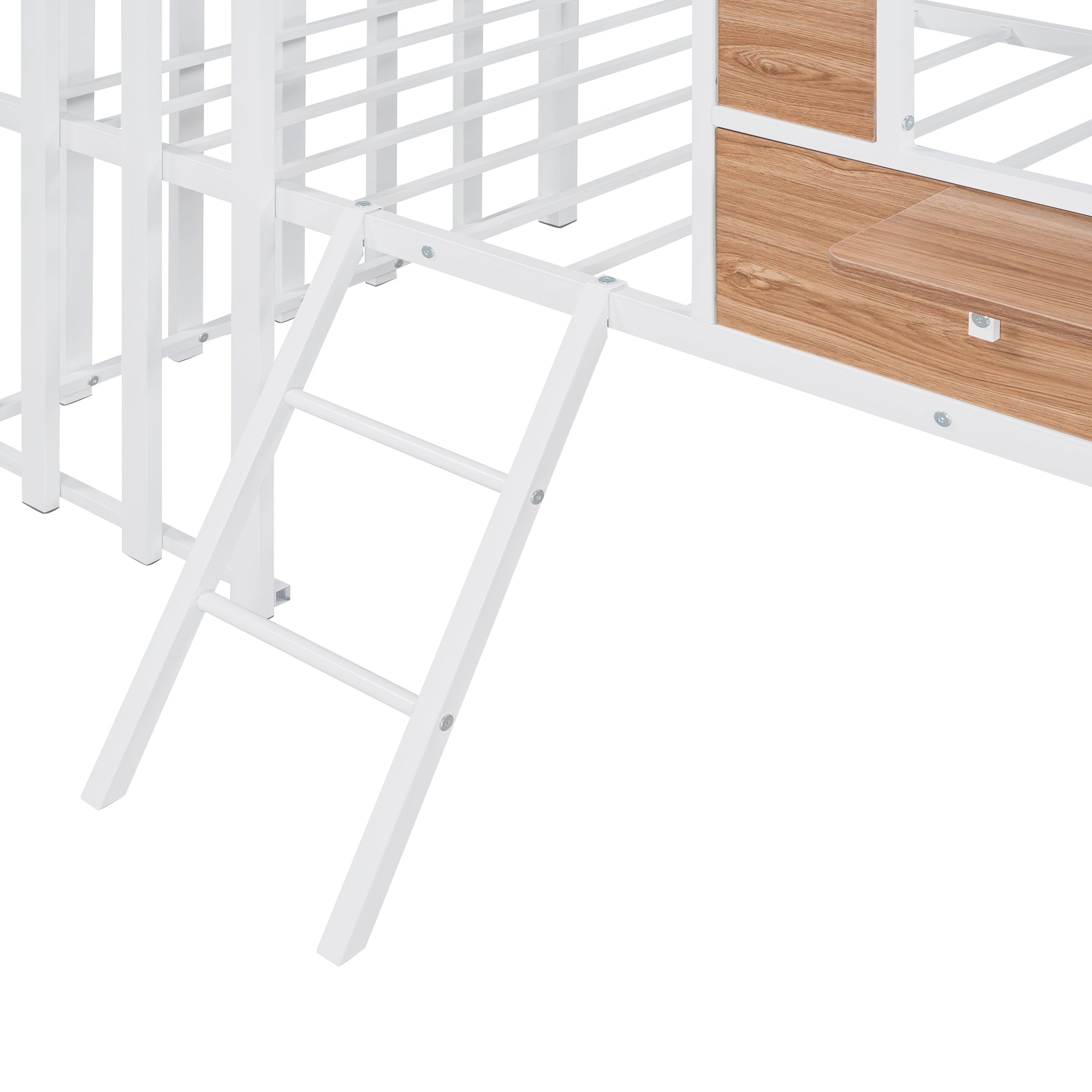 White metal bunk bed frame with natural wood drawers